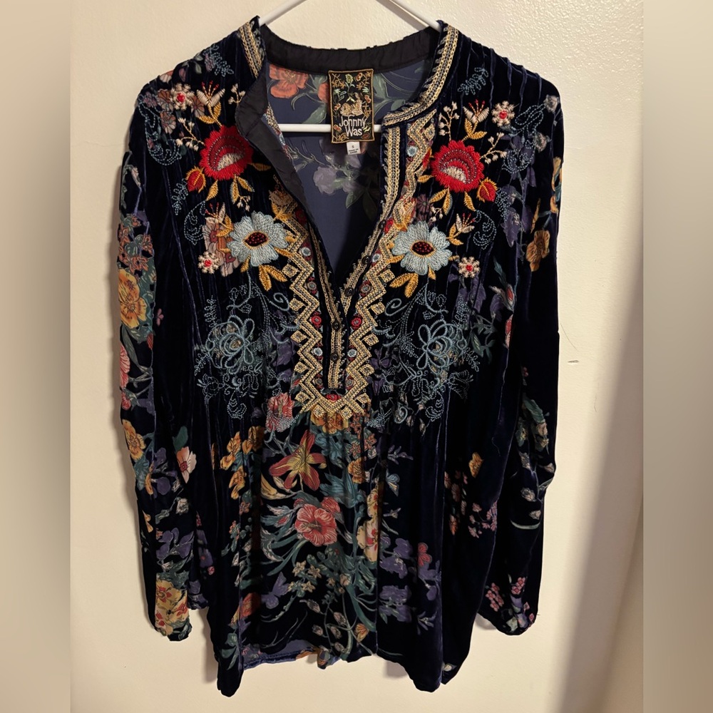 Johnny Was Multicolor Embroidered Velvet Blouse